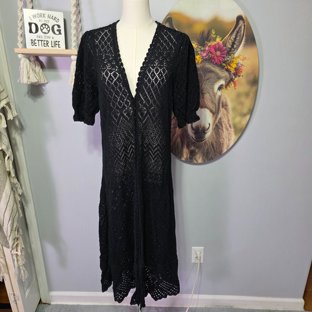 Ralph Lauren Pointelle Cardigan Duster Womens XL Witchy Romantic Puff Sleeves